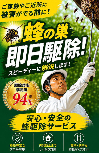 蜂の巣を即日駆除。安心・安全の蜂駆除サービス